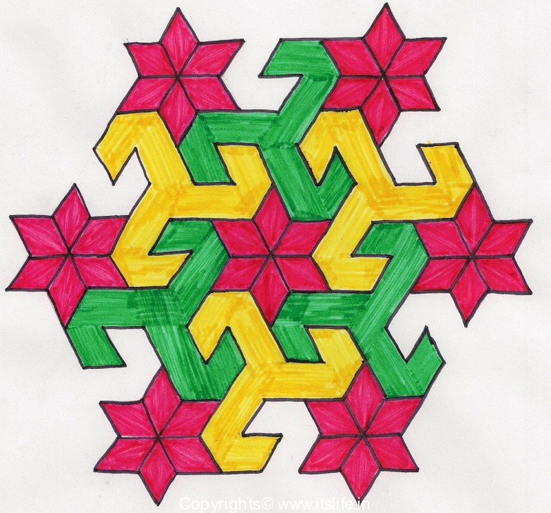  Parrot faced Star Rangoli in Kannada. Method: Dots 13 to 7 – Middle